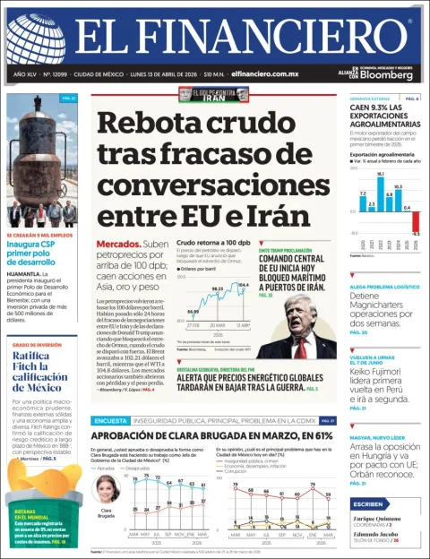 Portada de El Financiero del lunes, 13 de abril de 2026