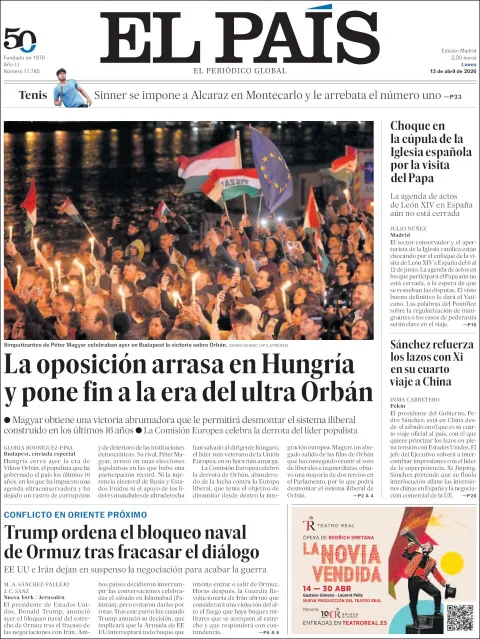 Portada de El Pais del lunes, 13 de abril de 2026