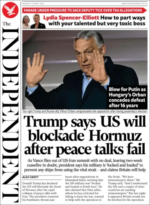 Portada de The Independent del lunes, 13 de abril de 2026