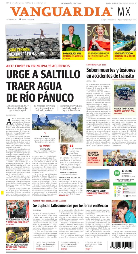 Portada de Vanguardia del lunes, 13 de abril de 2026