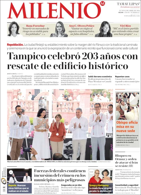 Portada de Milenio Tamaulipas del lunes, 13 de abril de 2026