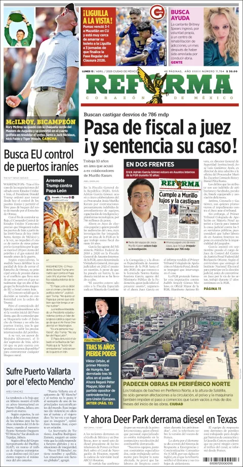 Portada de Reforma del lunes, 13 de abril de 2026