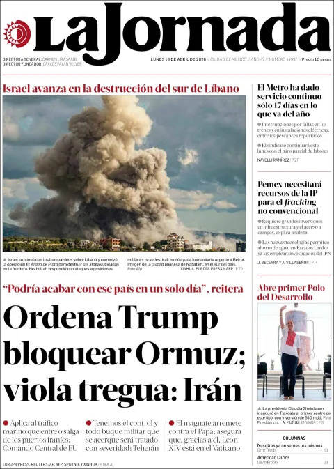 Portada de La Jornada del lunes, 13 de abril de 2026