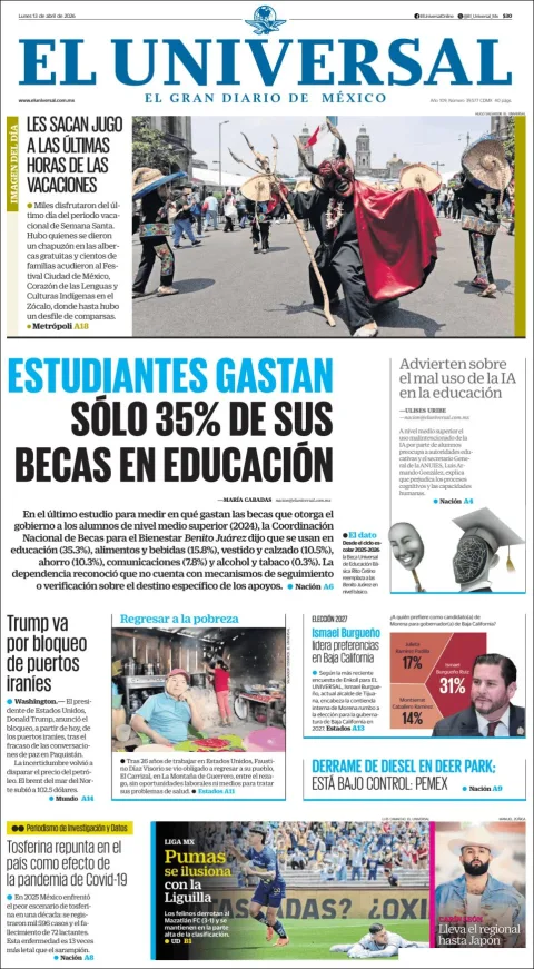 Portada de El Universal del lunes, 13 de abril de 2026