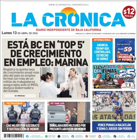 Portada de La Cronica del lunes, 13 de abril de 2026