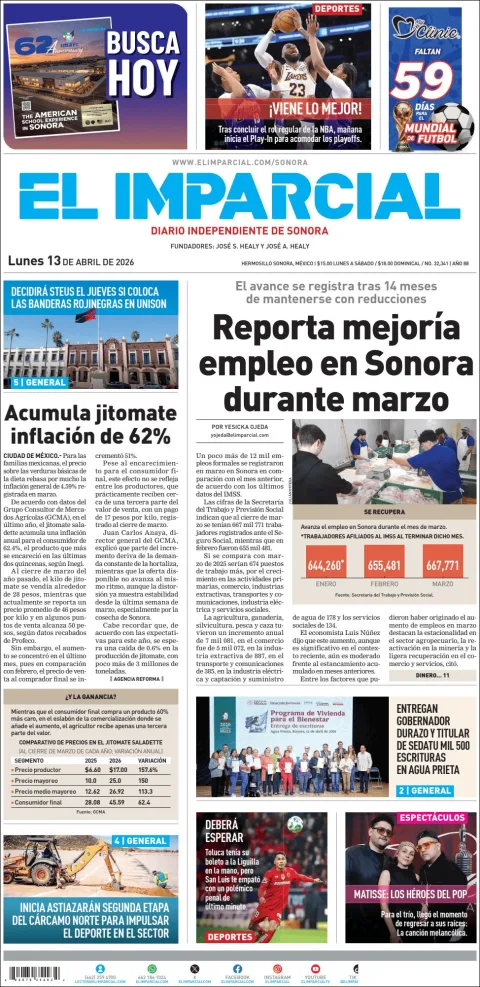 Portada de El Imparcial del lunes, 13 de abril de 2026