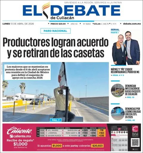 Portada de El Debate de Culiacan del lunes, 13 de abril de 2026