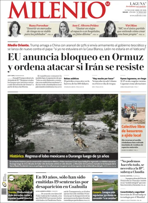 Portada de Milenio Laguna del lunes, 13 de abril de 2026