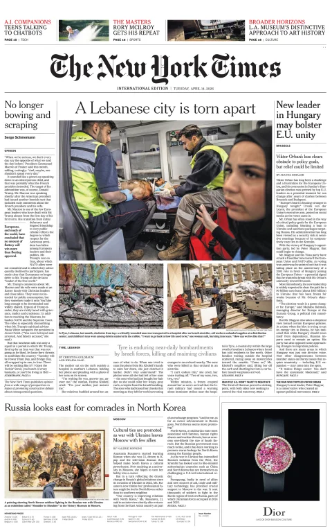 Portada de The New York Times (international) del martes, 14 de abril de 2026