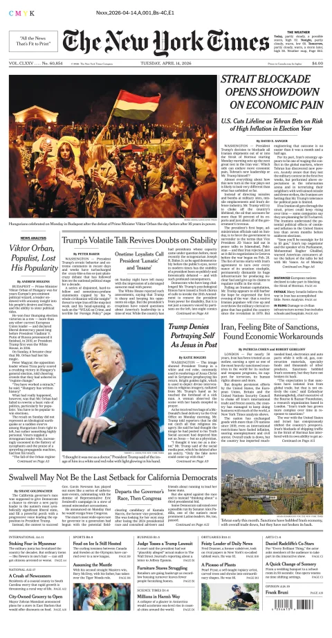 Portada de The New York Times (new York) del martes, 14 de abril de 2026
