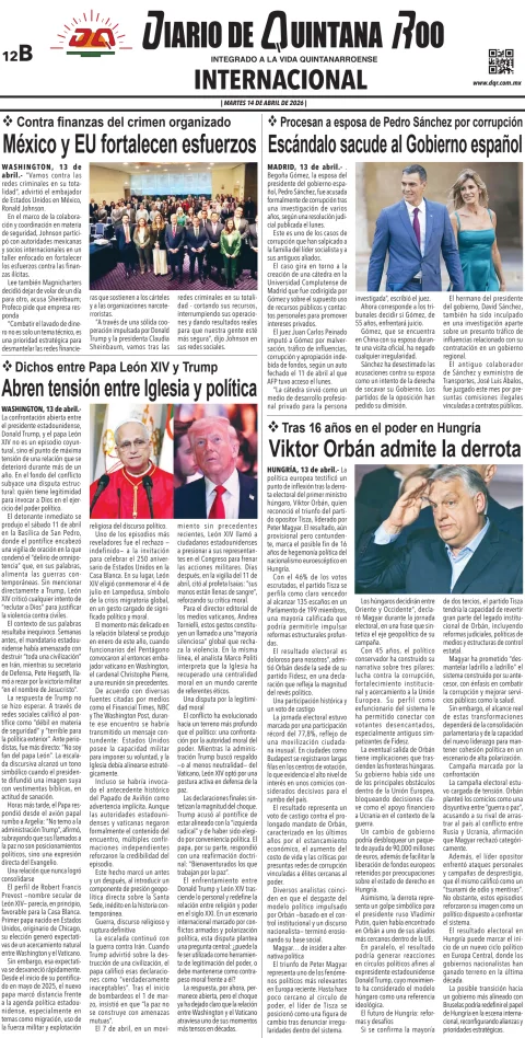 Portada de Diario de Quintana Roo (contra Portada) del martes, 14 de abril de 2026