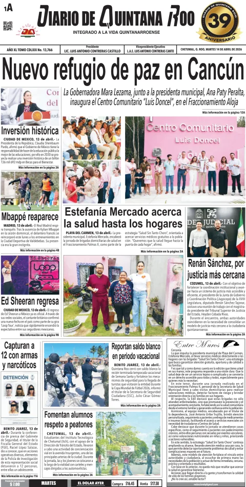 Portada de Diario de Quintana Roo (portada) del martes, 14 de abril de 2026