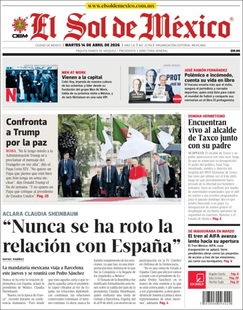 Portada de El Sol de Mexico del martes, 14 de abril de 2026
