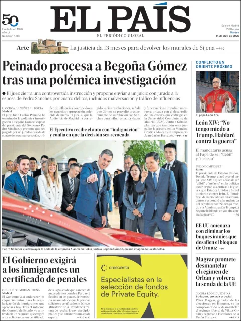 Portada de El Pais del martes, 14 de abril de 2026