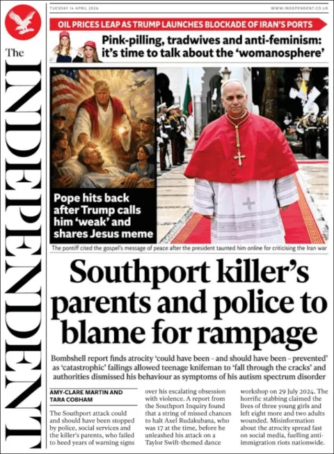 Portada de The Independent del martes, 14 de abril de 2026
