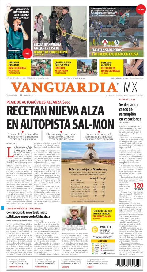 Portada de Vanguardia del martes, 14 de abril de 2026