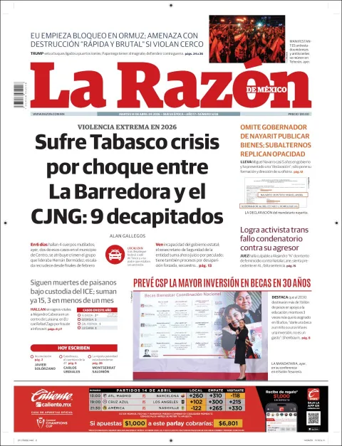 Portada de La Razon del martes, 14 de abril de 2026