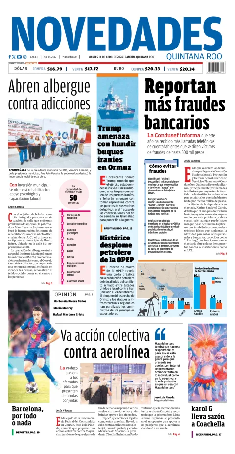 Portada de Novedades Quintana Roo del martes, 14 de abril de 2026