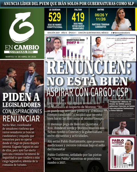 Portada de En Cambio - Quintana Roo (portada) del martes, 14 de abril de 2026