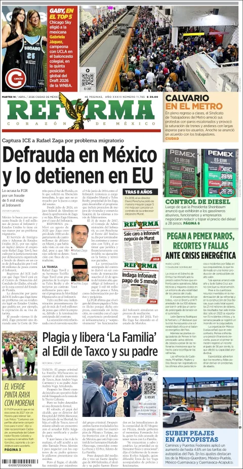 Portada de Reforma del martes, 14 de abril de 2026
