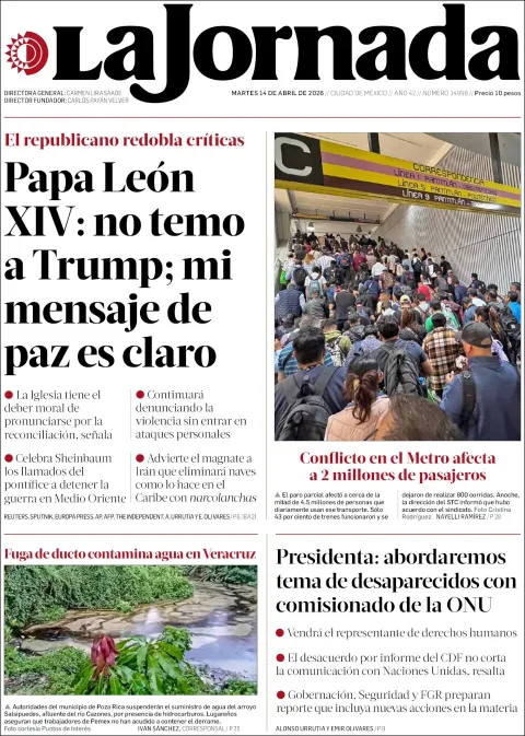 Portada de La Jornada del martes, 14 de abril de 2026