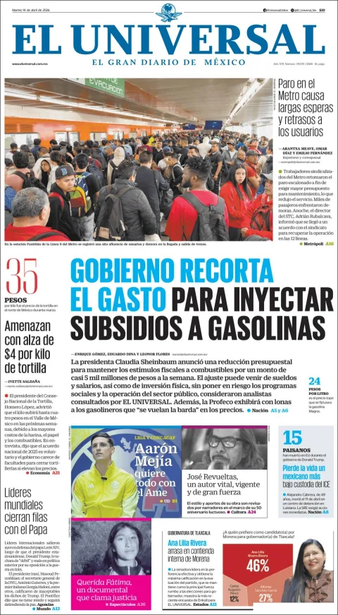 Portada de El Universal del martes, 14 de abril de 2026