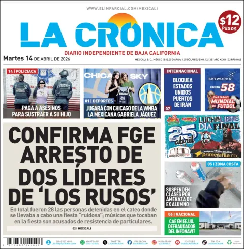 Portada de La Cronica del martes, 14 de abril de 2026