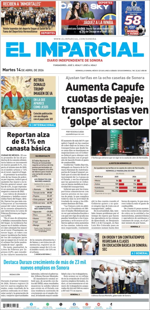 Portada de El Imparcial del martes, 14 de abril de 2026