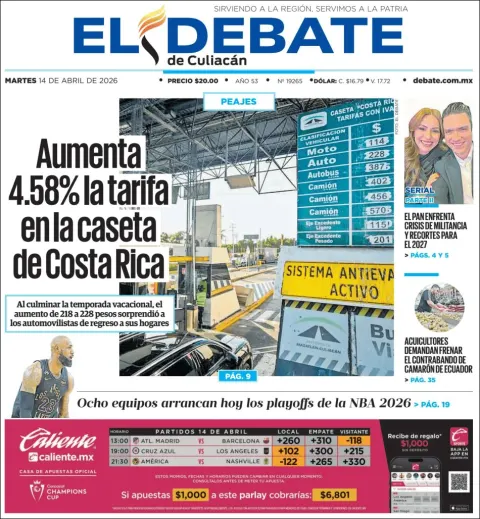 Portada de El Debate de Culiacan del martes, 14 de abril de 2026