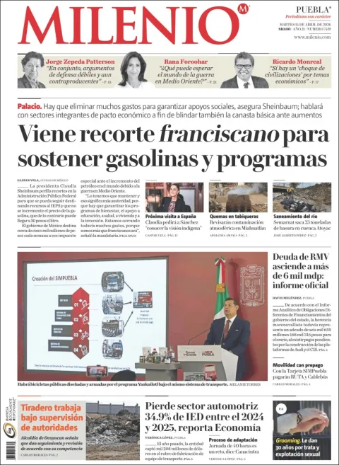 Portada de Milenio Puebla del martes, 14 de abril de 2026