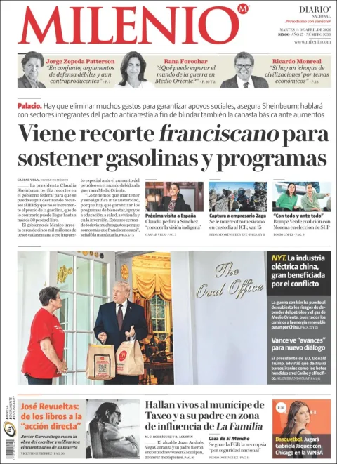 Portada de Milenio del martes, 14 de abril de 2026