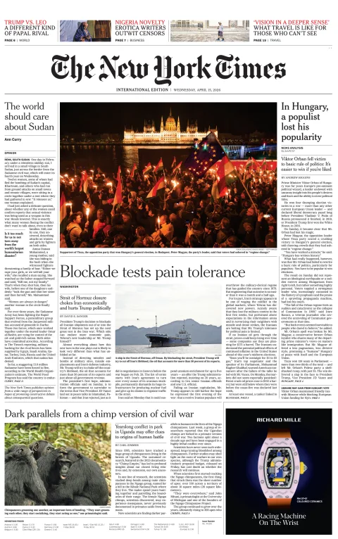 Portada de The New York Times (international) del miércoles, 15 de abril de 2026