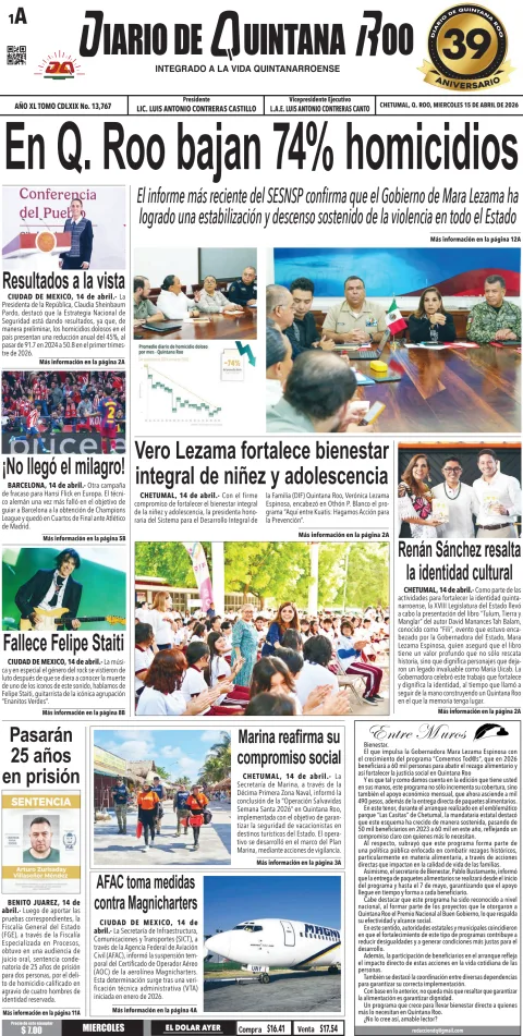Portada de Diario de Quintana Roo (portada) del miércoles, 15 de abril de 2026