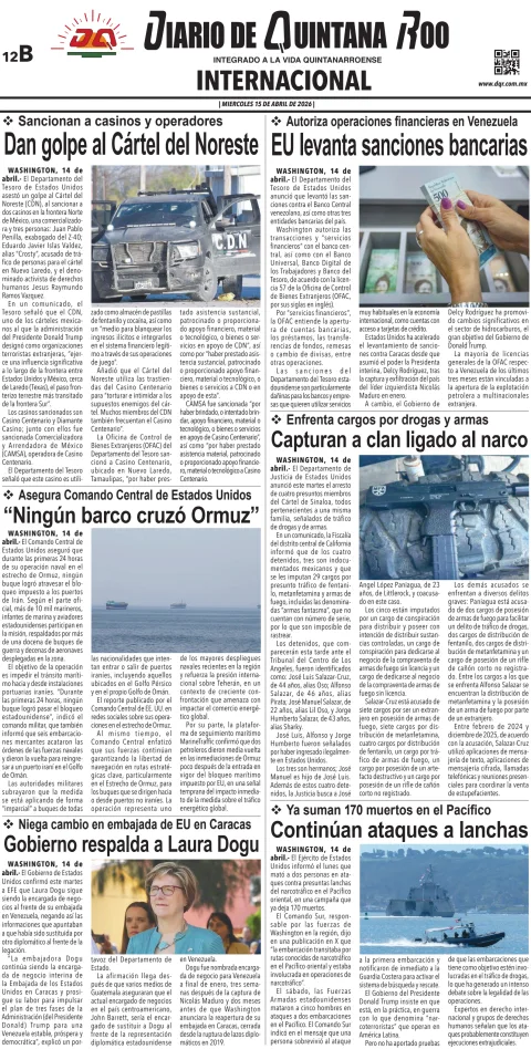 Portada de Diario de Quintana Roo (contra Portada) del miércoles, 15 de abril de 2026