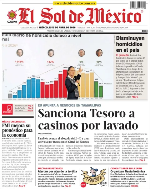 Portada de El Sol de Mexico del miércoles, 15 de abril de 2026