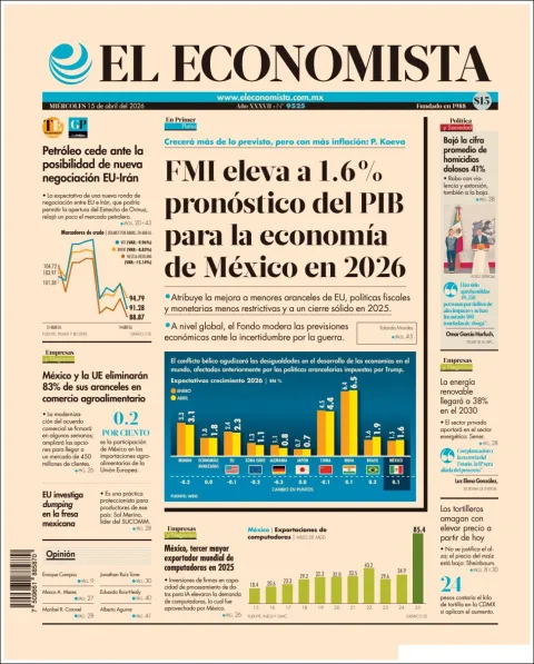 Portada de El Economista del miércoles, 15 de abril de 2026