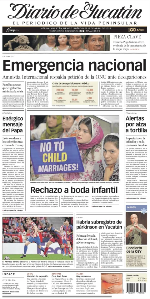 Portada de Diario de Yucatán del miércoles, 15 de abril de 2026