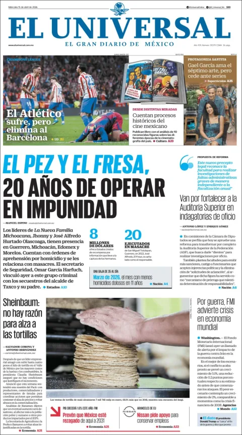Portada de El Universal del miércoles, 15 de abril de 2026