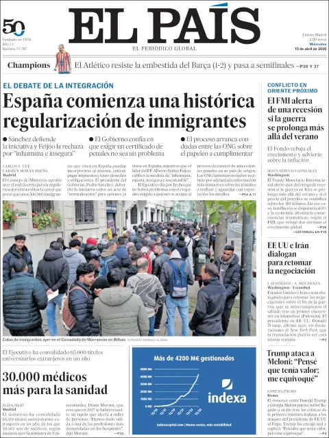 Portada de El Pais del miércoles, 15 de abril de 2026