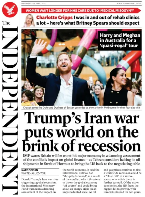 Portada de The Independent del miércoles, 15 de abril de 2026
