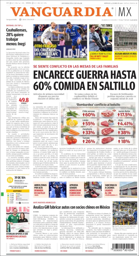Portada de Vanguardia del miércoles, 15 de abril de 2026