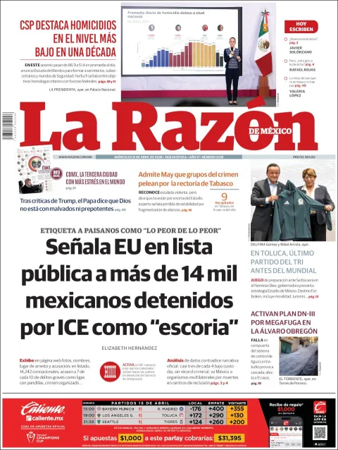 Portada de La Razon del miércoles, 15 de abril de 2026