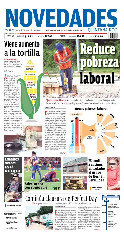Portada de Novedades Quintana Roo del miércoles, 15 de abril de 2026