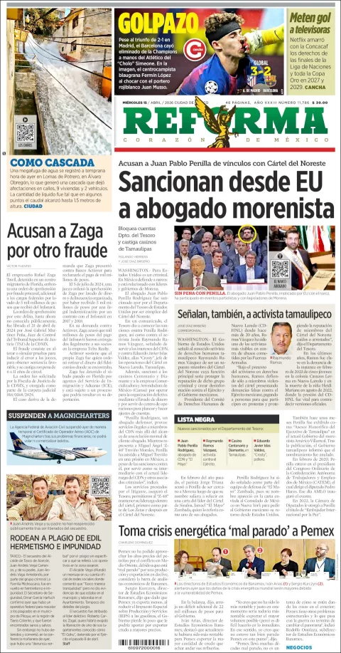 Portada de Reforma del miércoles, 15 de abril de 2026