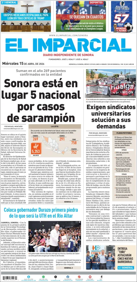 Portada de El Imparcial del miércoles, 15 de abril de 2026