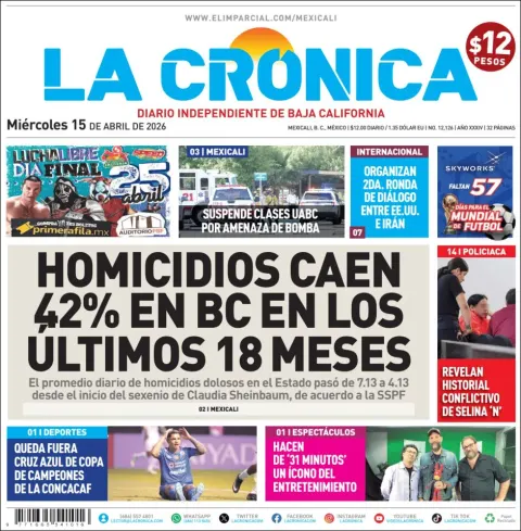 Portada de La Cronica del miércoles, 15 de abril de 2026