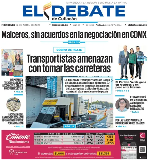 Portada de El Debate de Culiacan del miércoles, 15 de abril de 2026
