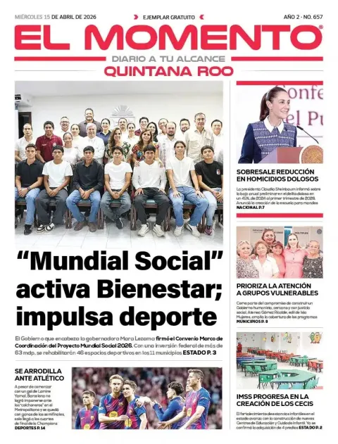 Portada de El Momento Quintana Roo del miércoles, 15 de abril de 2026