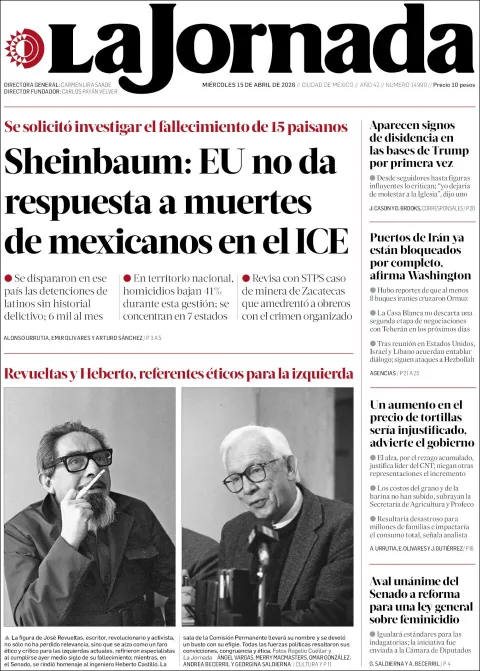 Portada de La Jornada del miércoles, 15 de abril de 2026