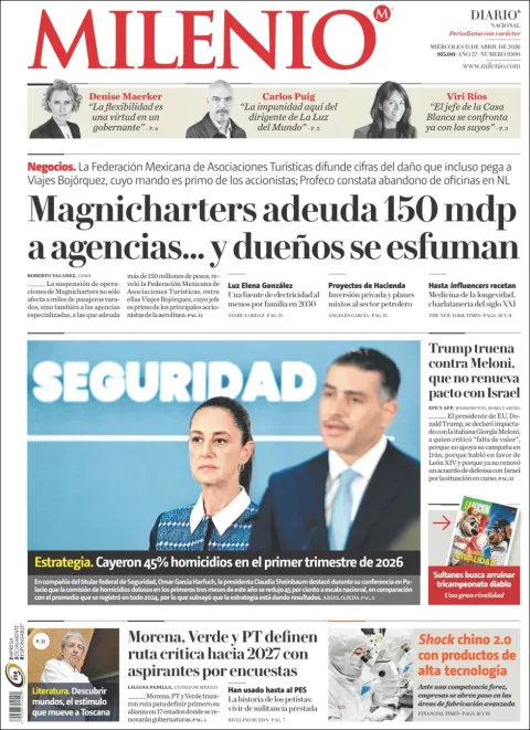 Portada de Milenio del miércoles, 15 de abril de 2026